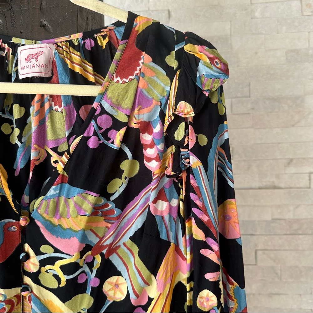 BANJANAN Elise Tropical Floral Bird Multicolor Viscose Blouse Size M - Picture 5 of 9